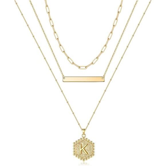 Gold Layered Initial Necklaces for Women, 14K Gold Plated Bar Necklace Handmade - Picture 1 of 7